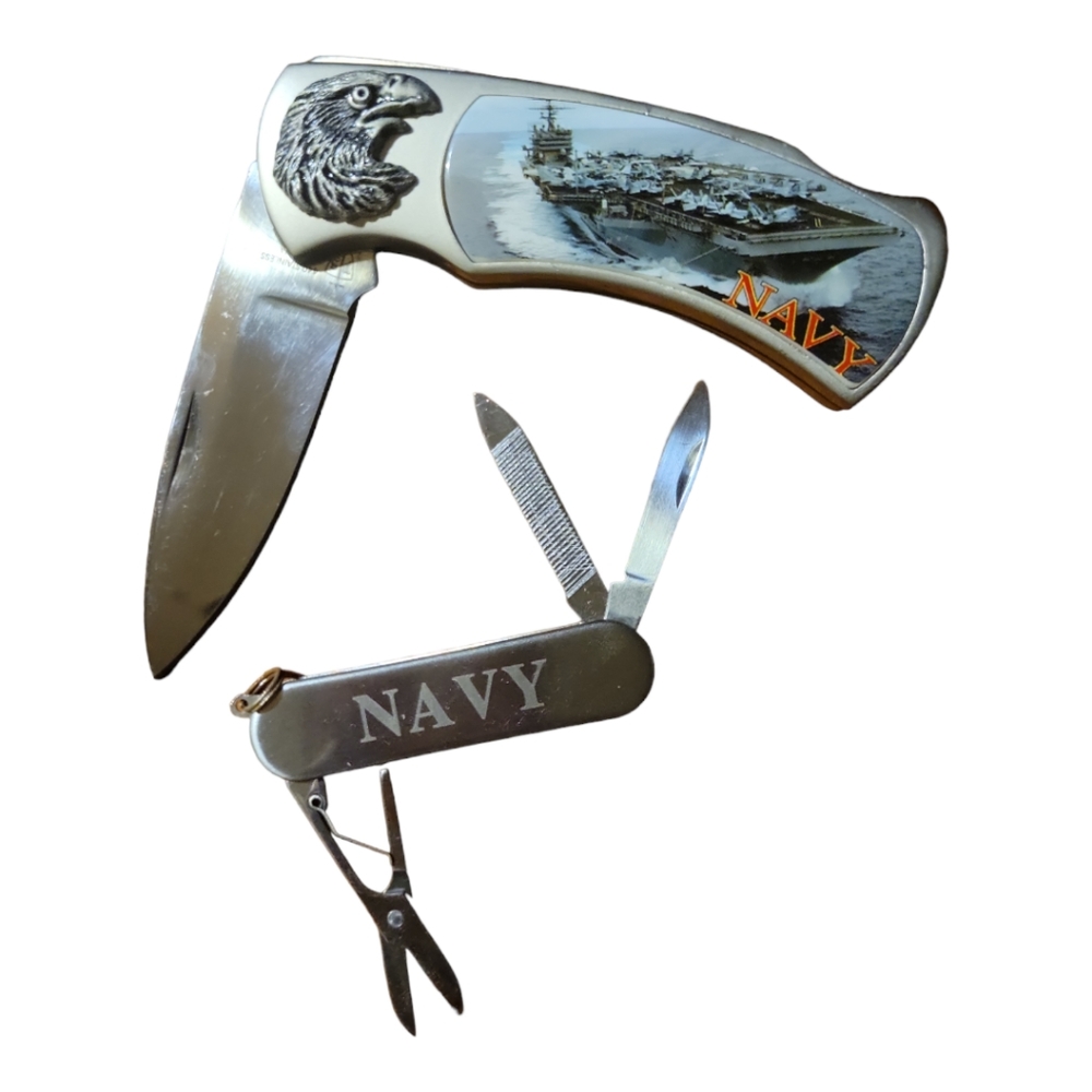 2 Navy Folding Stainless Steel Multi Tool Scissors, File, Paring Knife Tin Box
